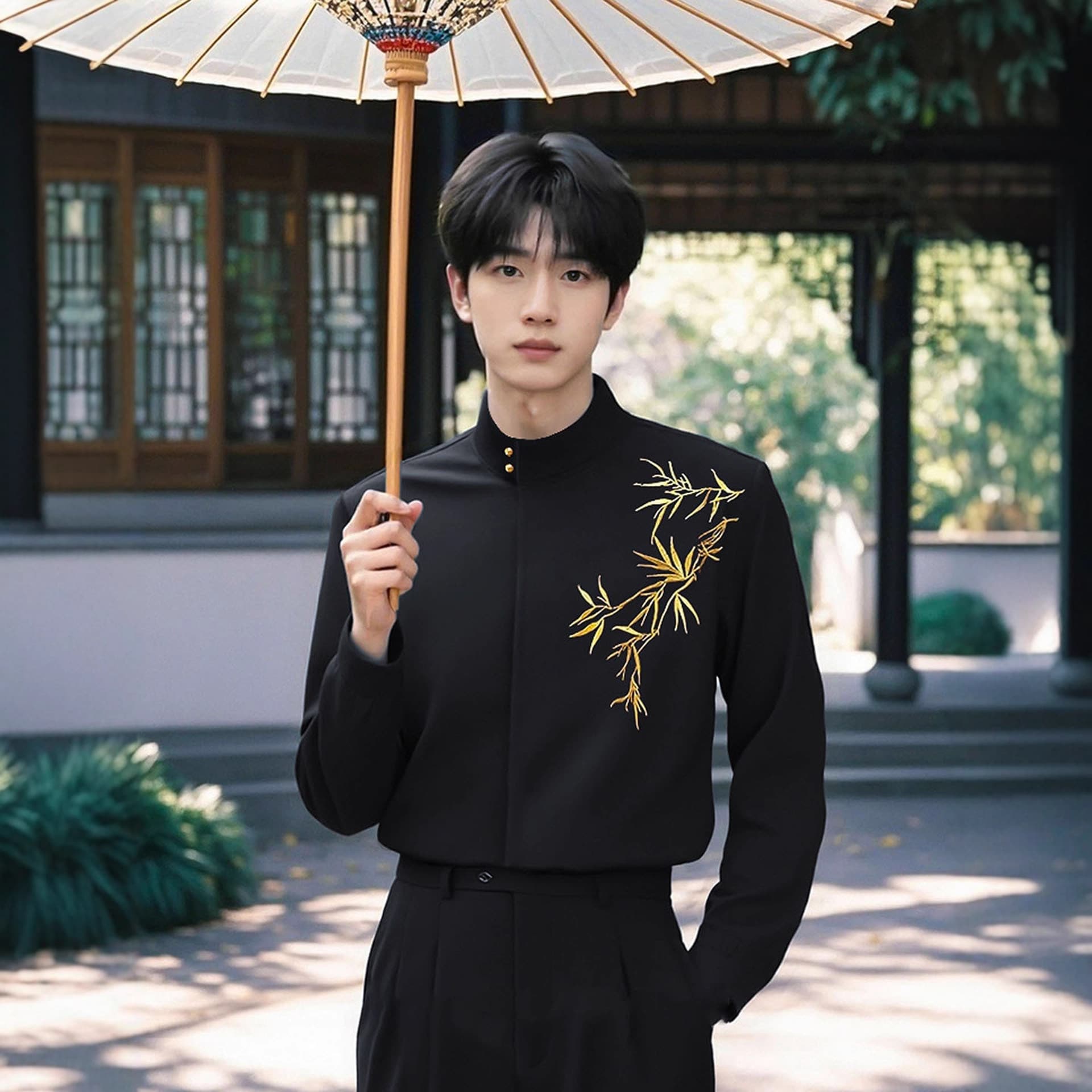 New Chinese Style Stand Collar Gold Bamboo Embroidery Shirt for Men, Light Chinese Style Wedding Suit Inner Lining Shirt for Engagement and Marriage Certificate