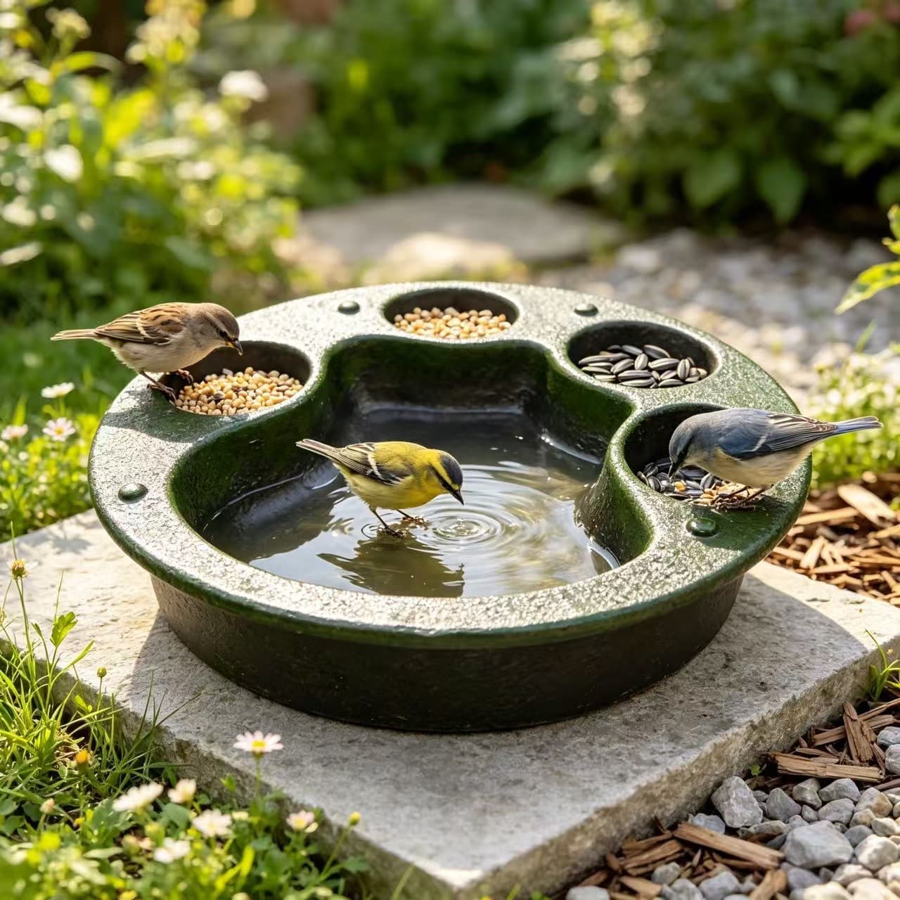 Cross-border resin multi-compartment bird feeder and waterer for outdoor garden, dual-purpose bird feeding and drinking tray, courtyard gardening decorative ornament