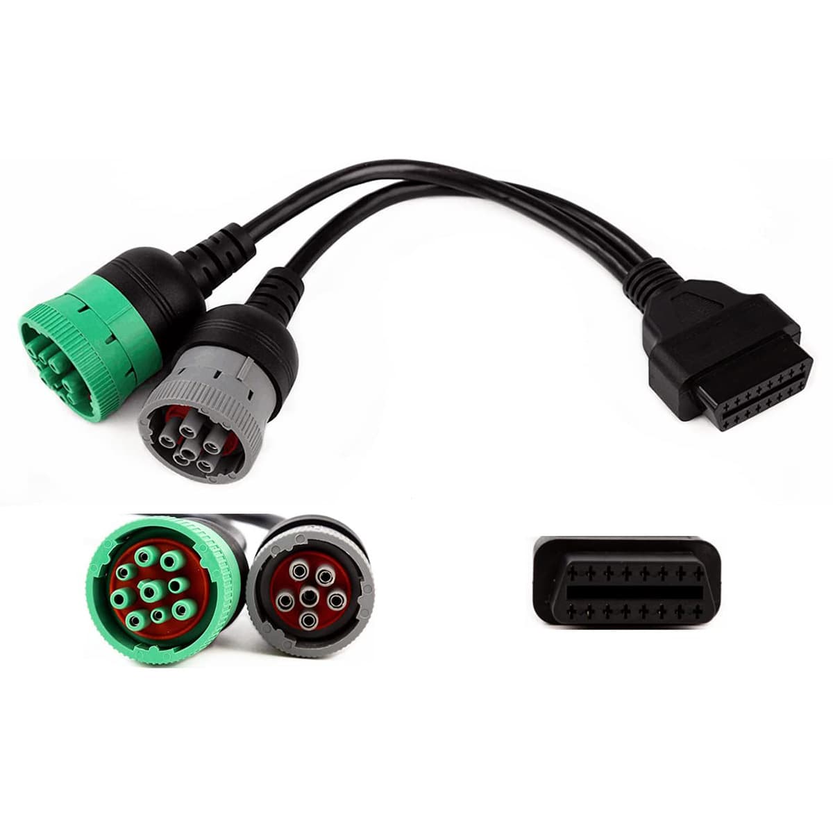 Automotive Wiring Harness OBDⅡ-16P Male to Cummins 9P Female (Green) and Cummins 6P Female (Gray)