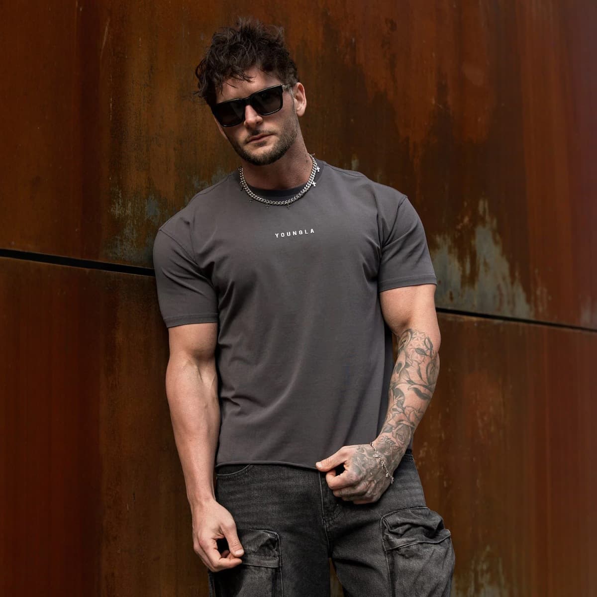 YOUNGLA American Style New Men's T-Shirt, Muscle Sports Fitness Slim Fit Short Sleeve for Outdoor Running Training Cotton Tee