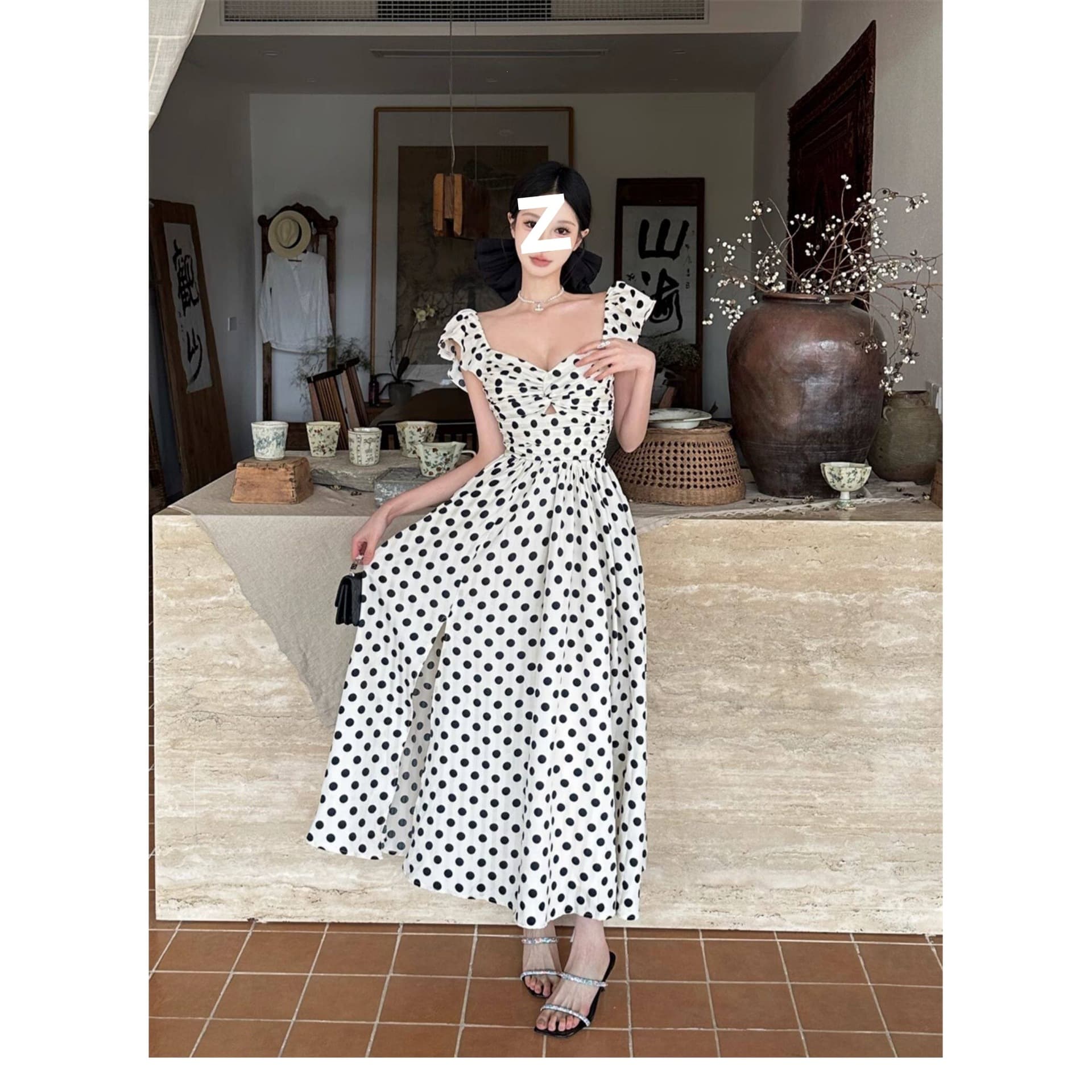 French Polka Dot Dress for Women 2026 Summer New Collection, Waist-Tightening Slimming Dress, Niche Design Temperament Strappy Dress