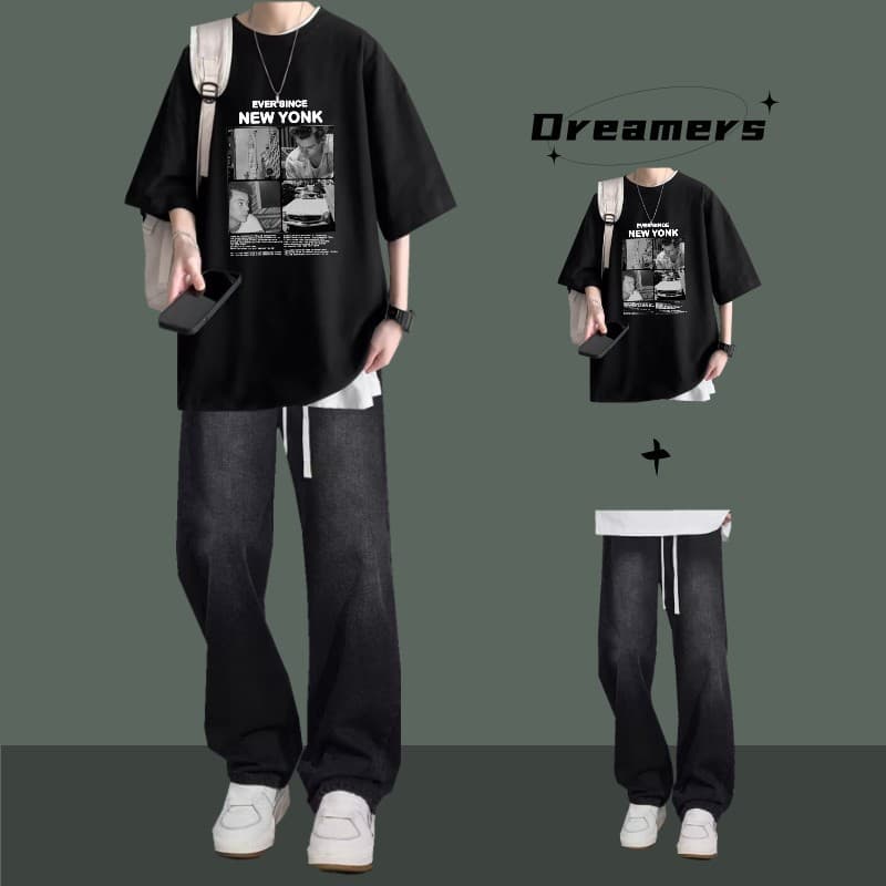 Summer Short Sleeve T-Shirt Set for Men - Stylish Tee with Trendy Jeans, Fashion Two-Piece Outfit