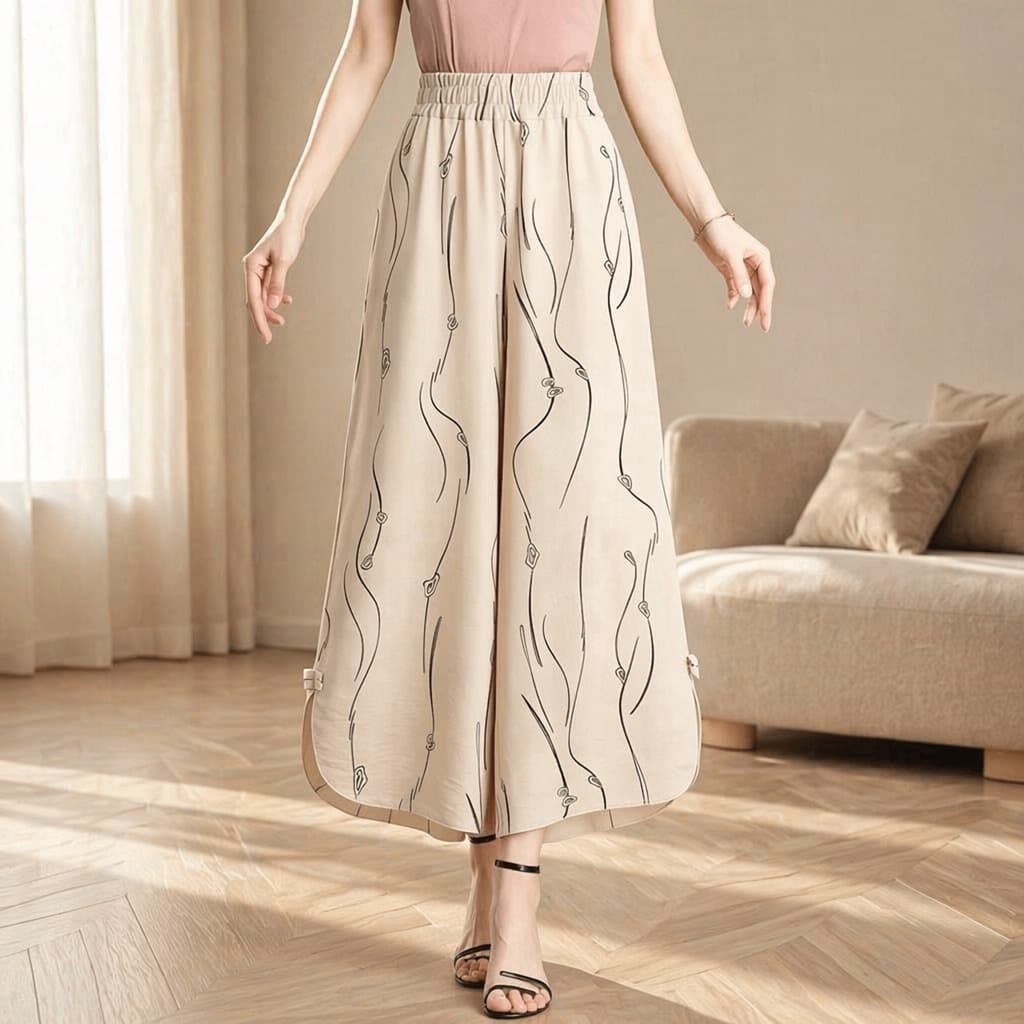 Linen-Cotton Slit Women's Pants, New Summer Loose Capri Skirt Pants, Plus Size High-Waist Casual Wide-Leg Slimming Versatile Pants