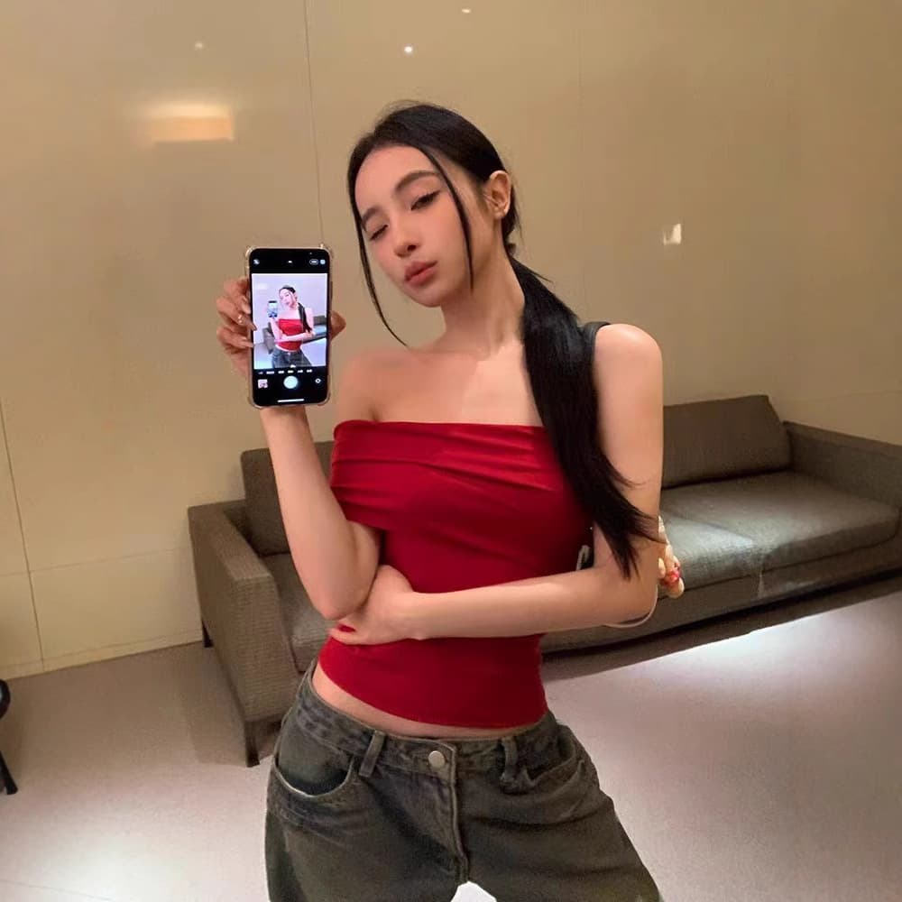 2025 New Style Off-Shoulder Sexy Short-Sleeved Vest Women's Summer Slim-Fit Slimming Spice Girl Red Top Cross-Border Wholesale