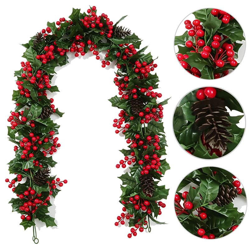 Artificial Red Berry Rattan Pinecone Vine with Green Leaves for Fireplace Home Decor Festive Christmas Wreath