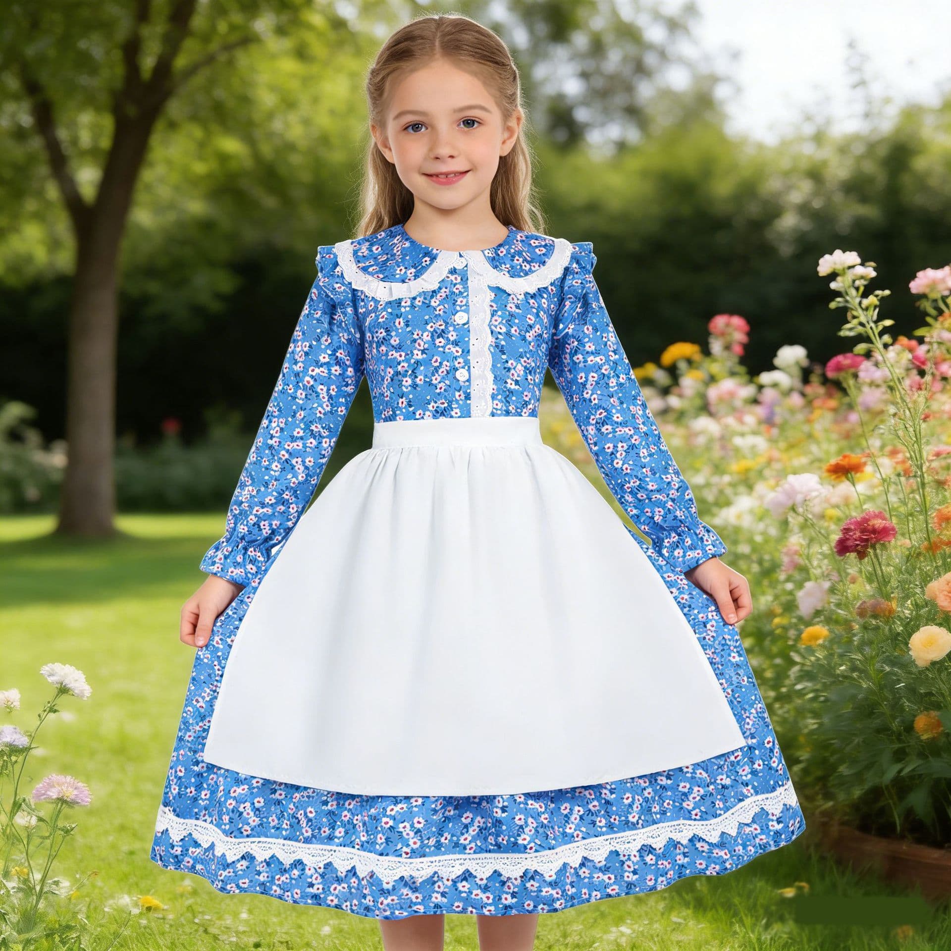 Children's Pioneer Girl Dress Girls Blue Floral Dress Set Holiday Party Performance New Chinese Style