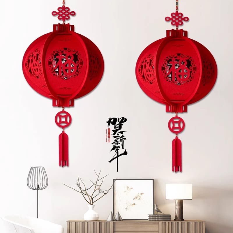 New Chinese Style Felt Lanterns Round Blessing Character Red Lantern Pendants, Mall Shop Company New Year Spring Festival Setup Decorations