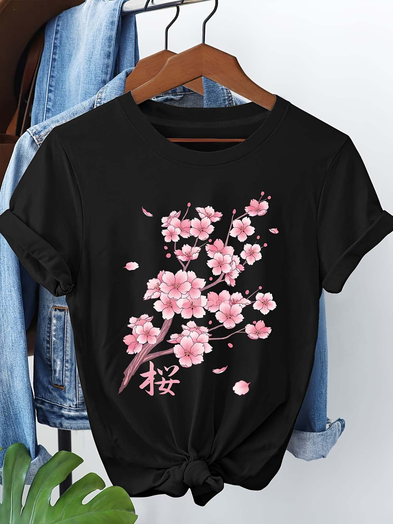Plus Size Women's Japanese Sakura Kanji T-Shirt - Short Sleeve Crew Neck Top for Curvy Women, Machine Washable
