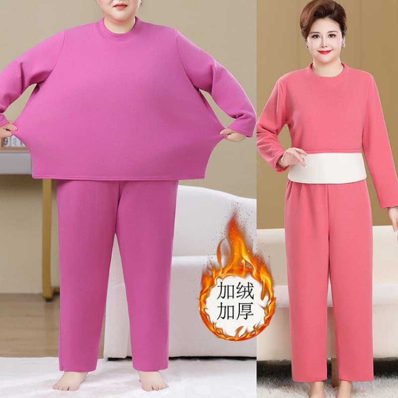 Plus Size 200 lbs Middle-aged and Elderly Mother Solid Color Thermal Underwear Two-Piece Set Long Sleeve Top and Bottom