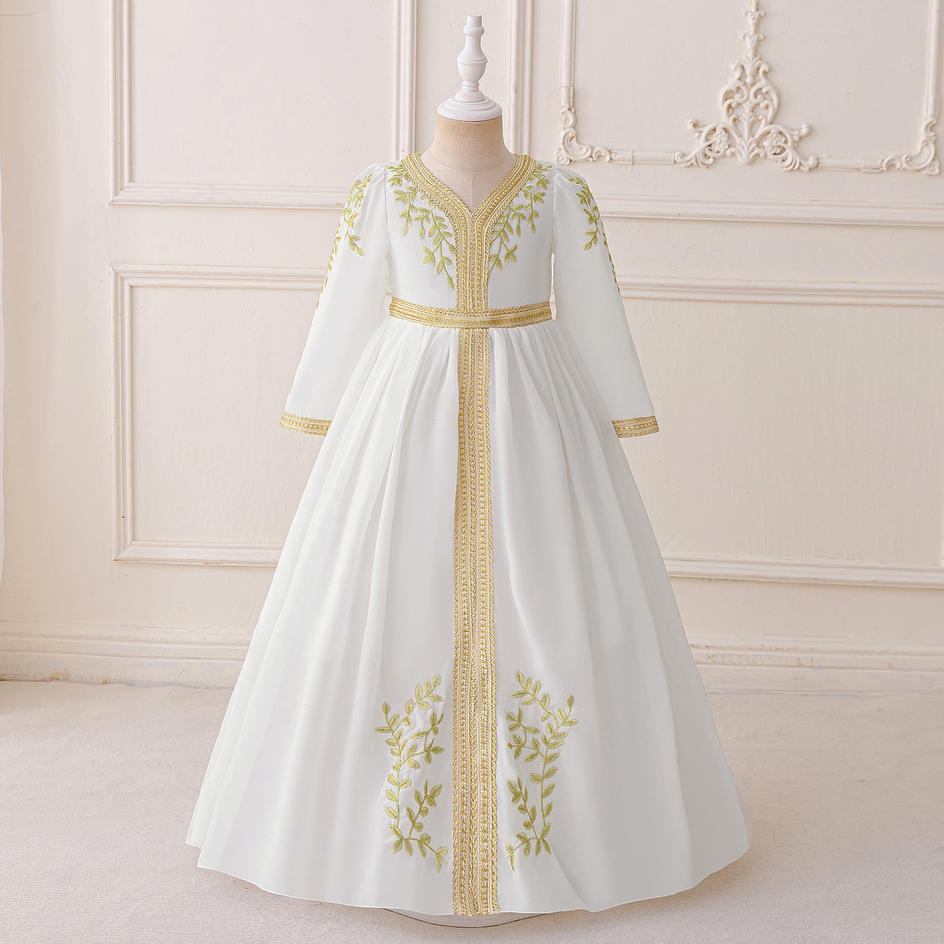 Export Evening Dress for Little Girls, Gown with Bottom Floral Embossing and Gold Foil, Kids Party Princess Dress