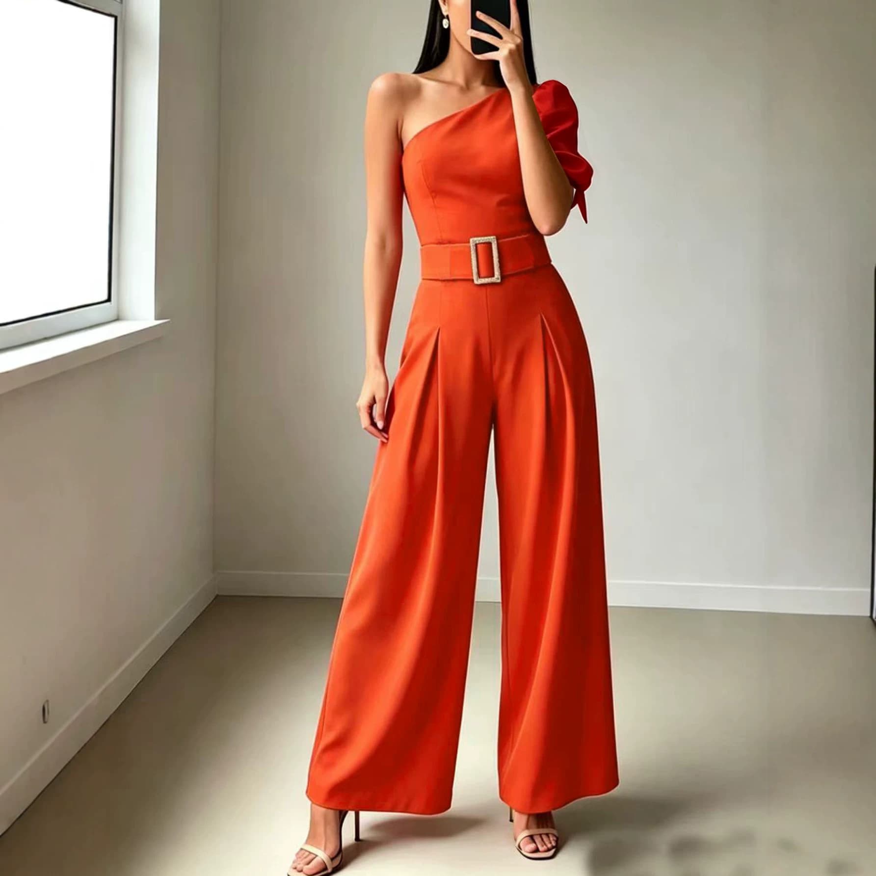 2026 cross-border new large size orange slanted shoulder lace-up shirt for women with European and American style slimming fashion jumpsuit