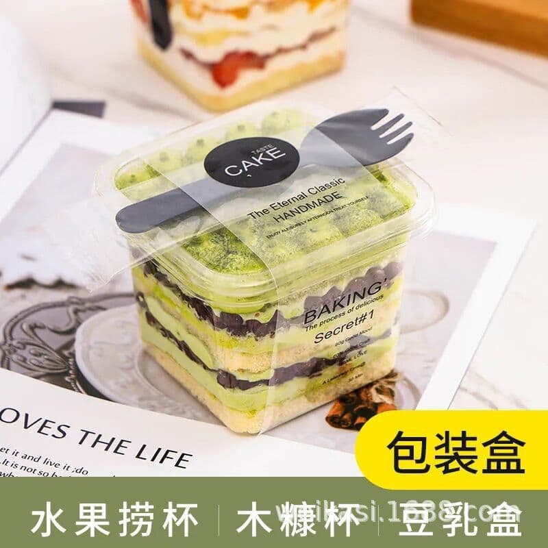 Square Disposable Wood Ash Cup Plastic Transparent Mousse Cup with Lid Pudding Yogurt Tiramisu Dessert Cup for Online Sales