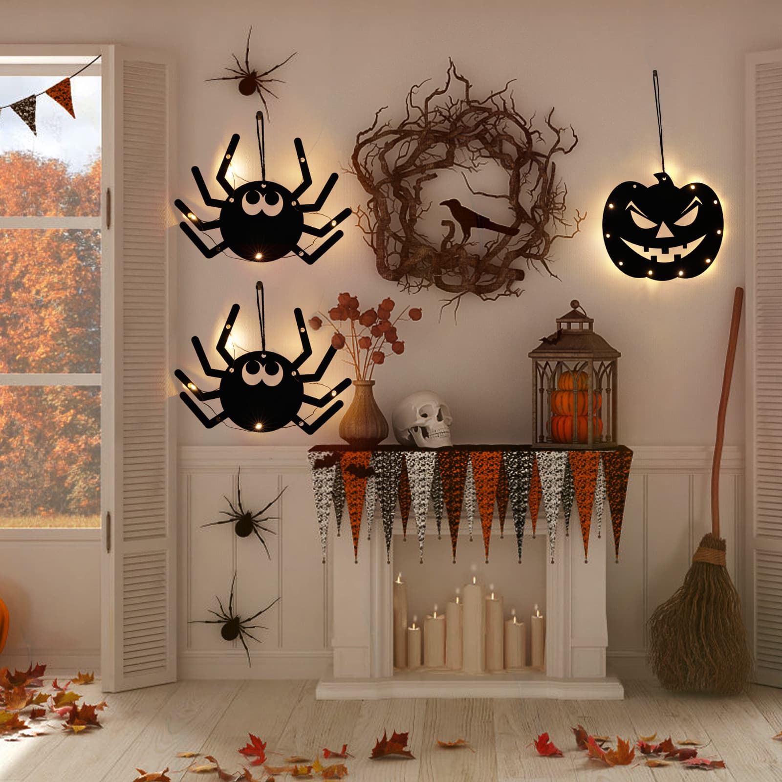 Glowing Spider Pendant LED Lantern Halloween Theme Indoor Wall Atmosphere Decoration Scene Layout Props