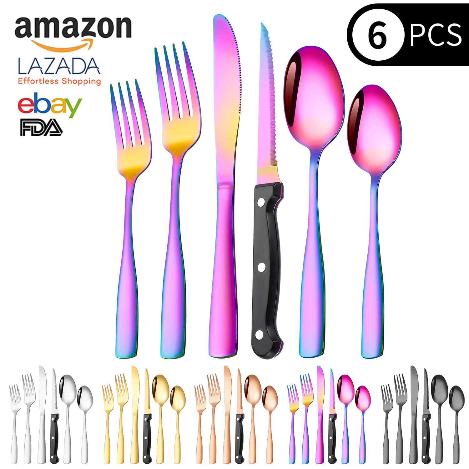 Cross-border Stainless Steel Square Handle Knife Fork Spoon Cutlery Set Creative Steak Knife Fork Square Handle 6-Piece Western Tableware Set
