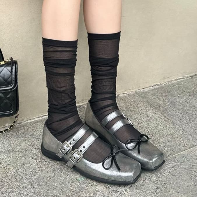 2026 New Trendy Stylish Ballet Flats Women Silver Mary Jane Shoes Flat Bow Square Toe Shallow Mouth Shoes
