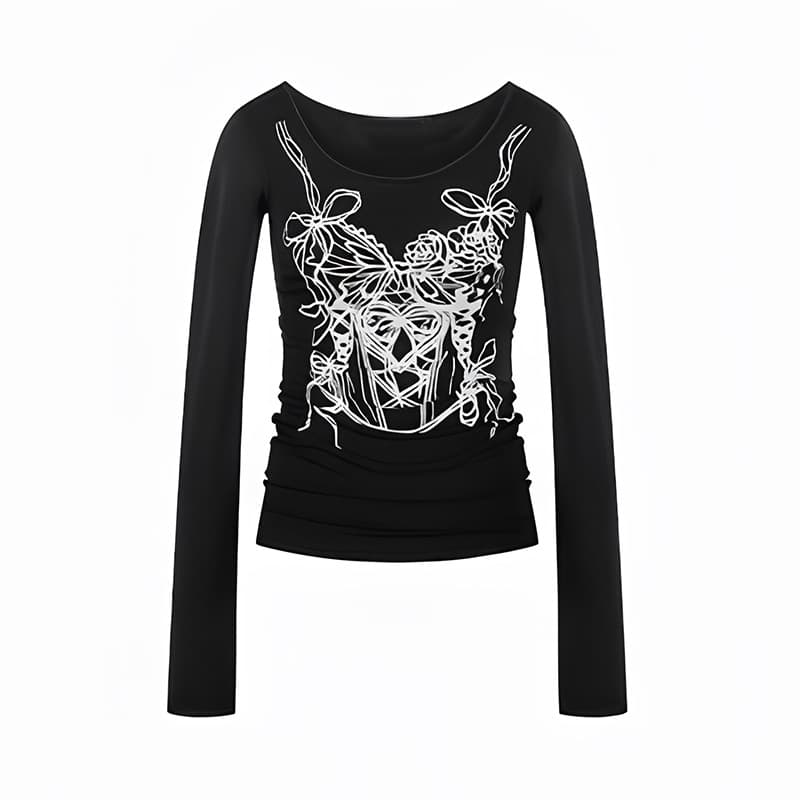 American Y2K Hot Girl Subculture Printed Cropped T-Shirt for Women, Slimming Long-Sleeve Top for Fall