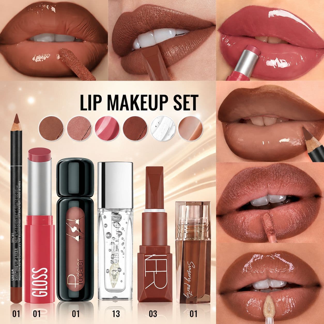 Cross-border Beauty Pudaier Liquid Lip Gloss Lip Liner Non-stick Cup European and American Lipstick 6-Piece Set