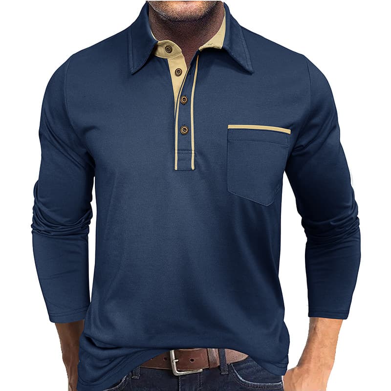 Cross-border men's collar color-block pocket long-sleeve polo shirt, polo shirt, export men's casual button, daily T-shirt