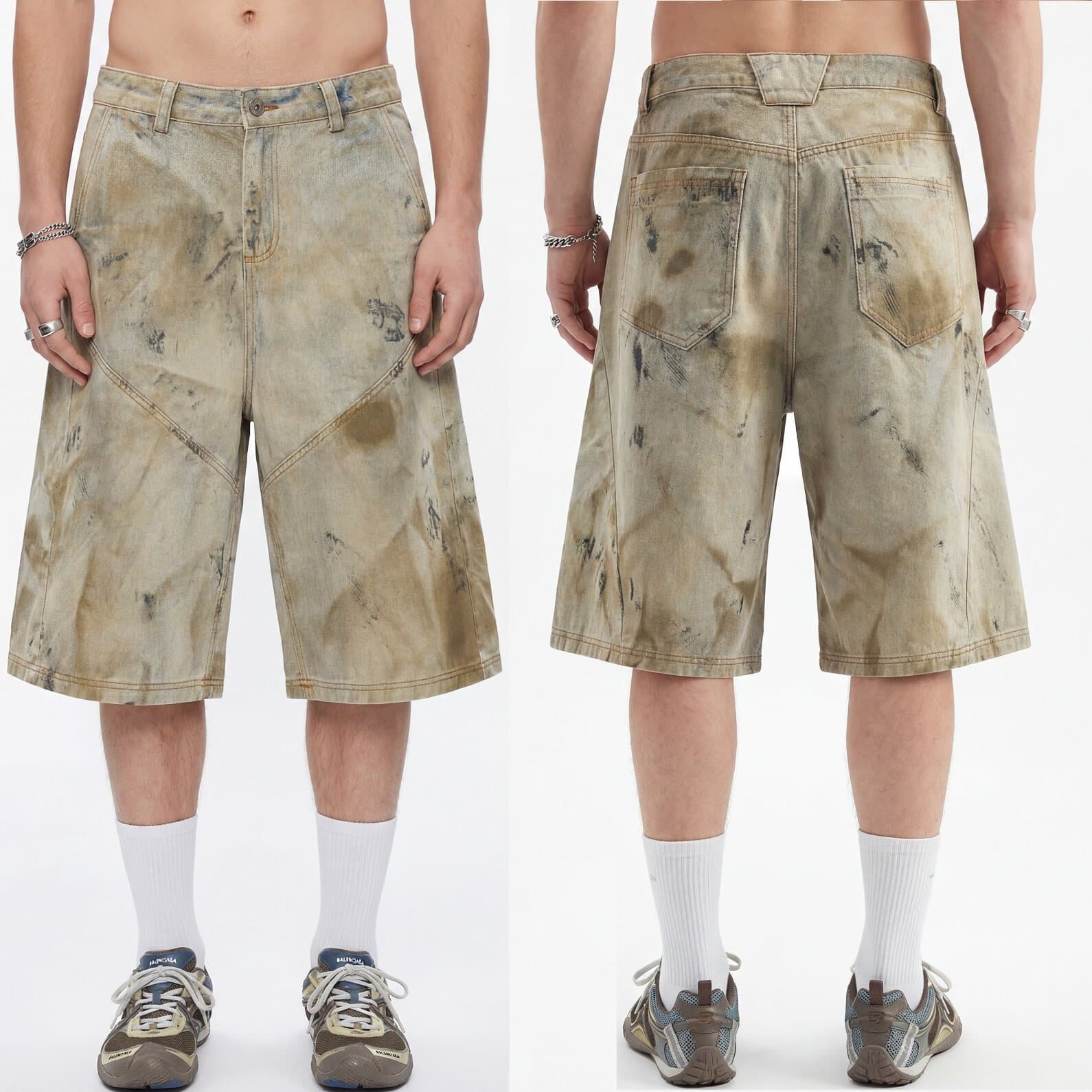 Street-Style Distressed Mud Yellow Dirty-Dyed Heavy-Duty Jeans Vintage Versatile Loose Fit Wasteland Men's Summer High Street Shorts