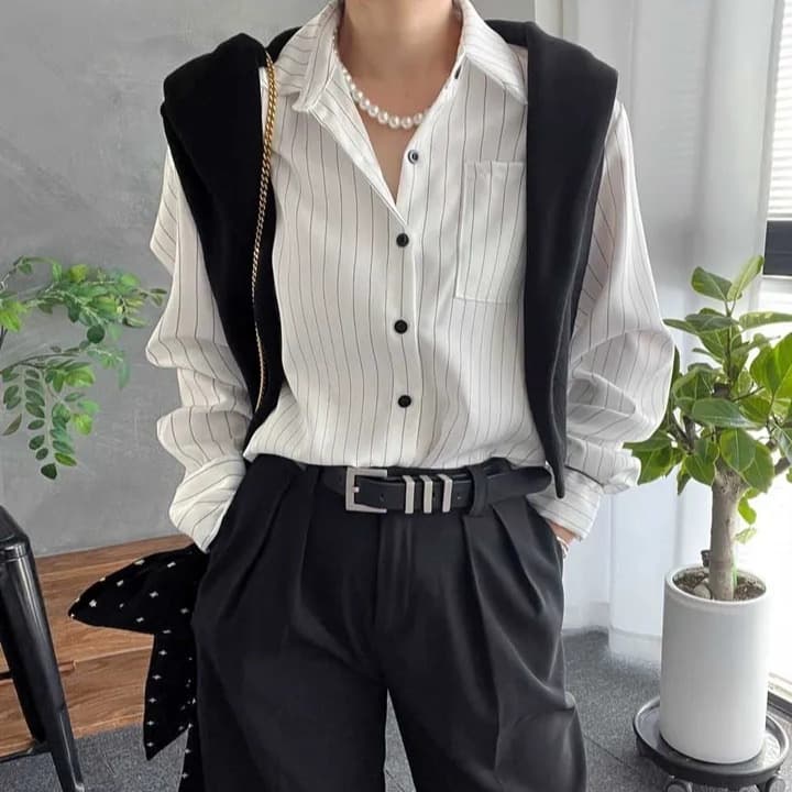 Ins Korean Style Spring/Summer Elegant Polo Collar Single-Breasted Striped Blouse
