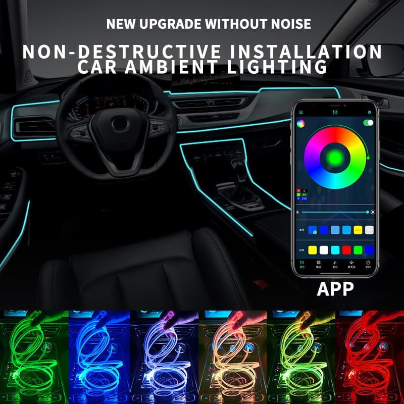 64-Color Fiber Optic Car Ambient Light, USB Interior Decorative Atmosphere Light, APP Bluetooth Ambient Light