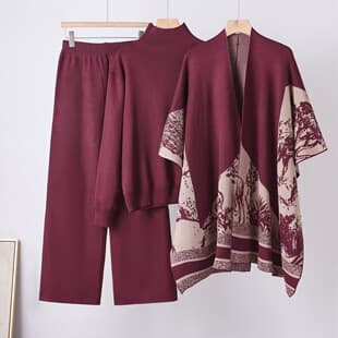 Cross-Border European and American Cape Cardigan Autumn/Spring Sweater Loose Wide-Leg Pants Three-Piece Set, Fashion Casual Knit Set