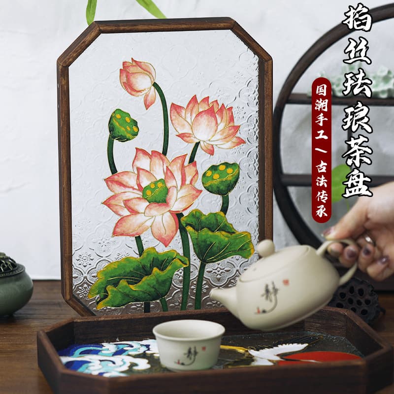 Wire Inlay Enamel Painting Tea Tray DIY Material Kit for Cloisonné Glass Tray New Year's Day Traditional Handmade Activity