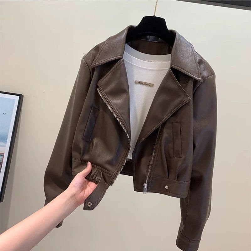 Short PU Leather Jacket for Women Spring Autumn Fashion Slim Fit Turn-down Collar Petite Casual Blazer