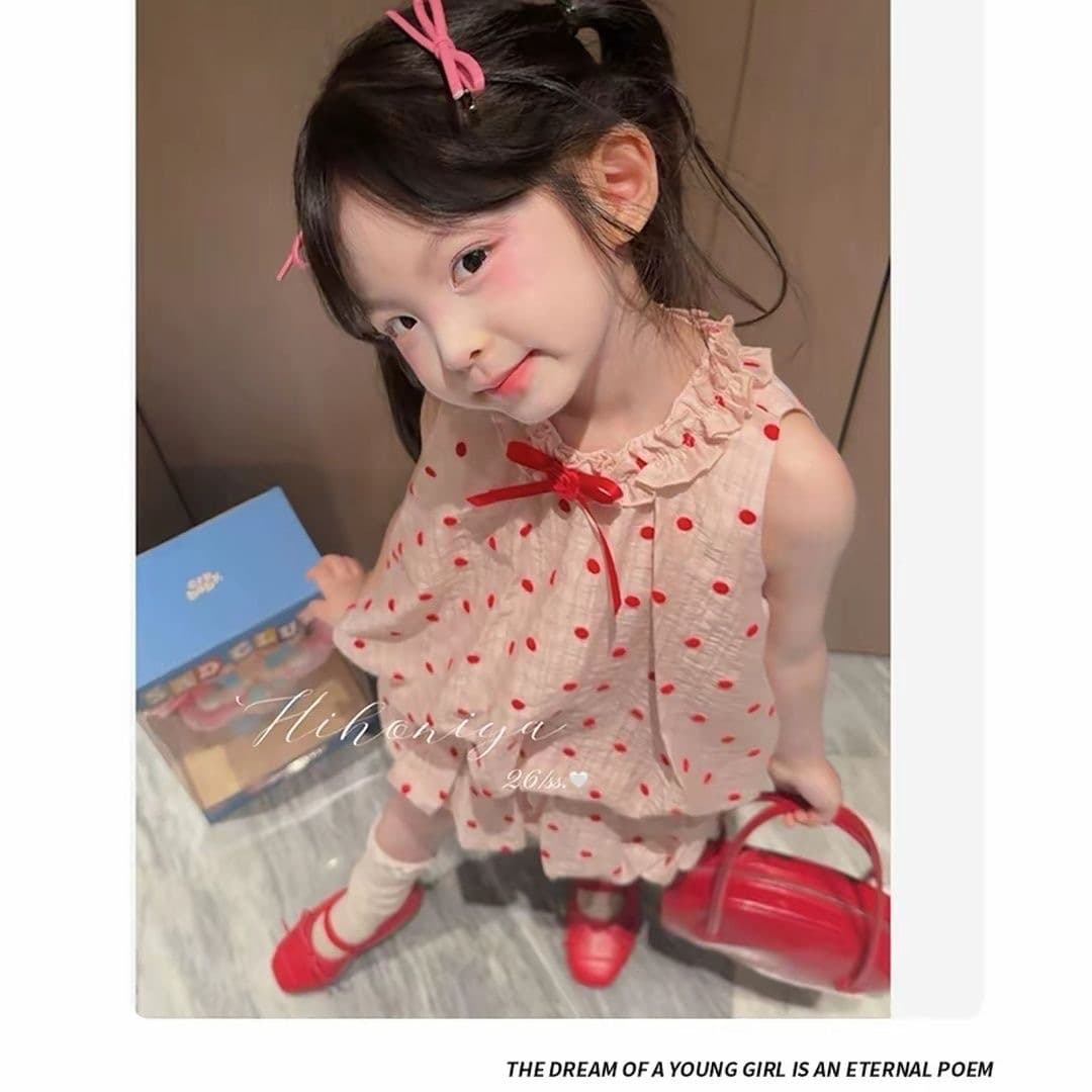 2026 Pink polka-dot girl's suit with earrings, sleeveless bud pants two-piece set, beautiful summer small suit, thin style