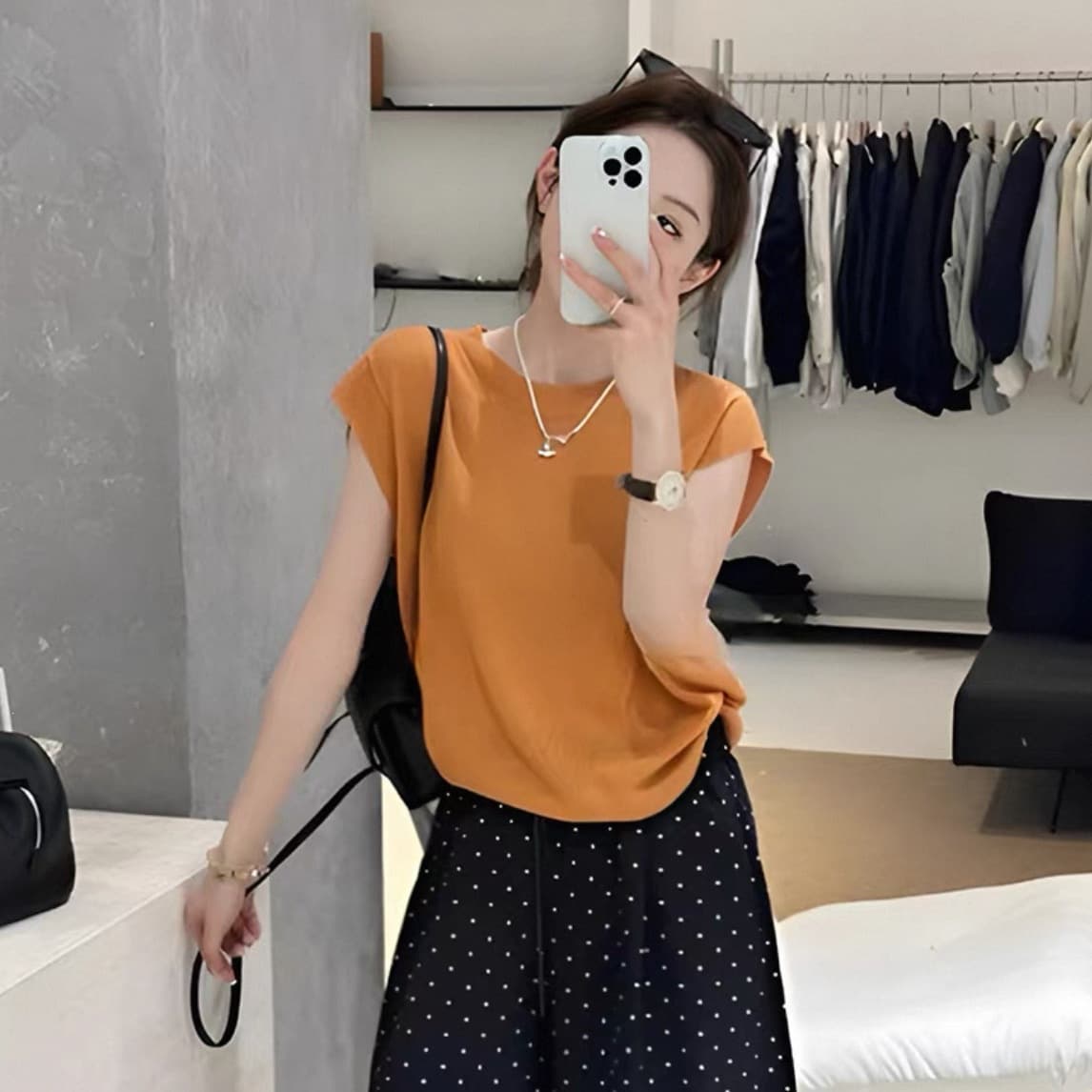 New Summer Style Simple Solid Color Round Neck Knit Top Loose Fit Versatile Slimming Hermes Orange