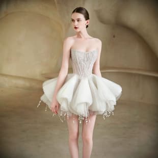 Banquet Evening Dress Short Slim Strapless Dress Birthday Party Performance Cocktail Party Light Luxury Puffy Dress