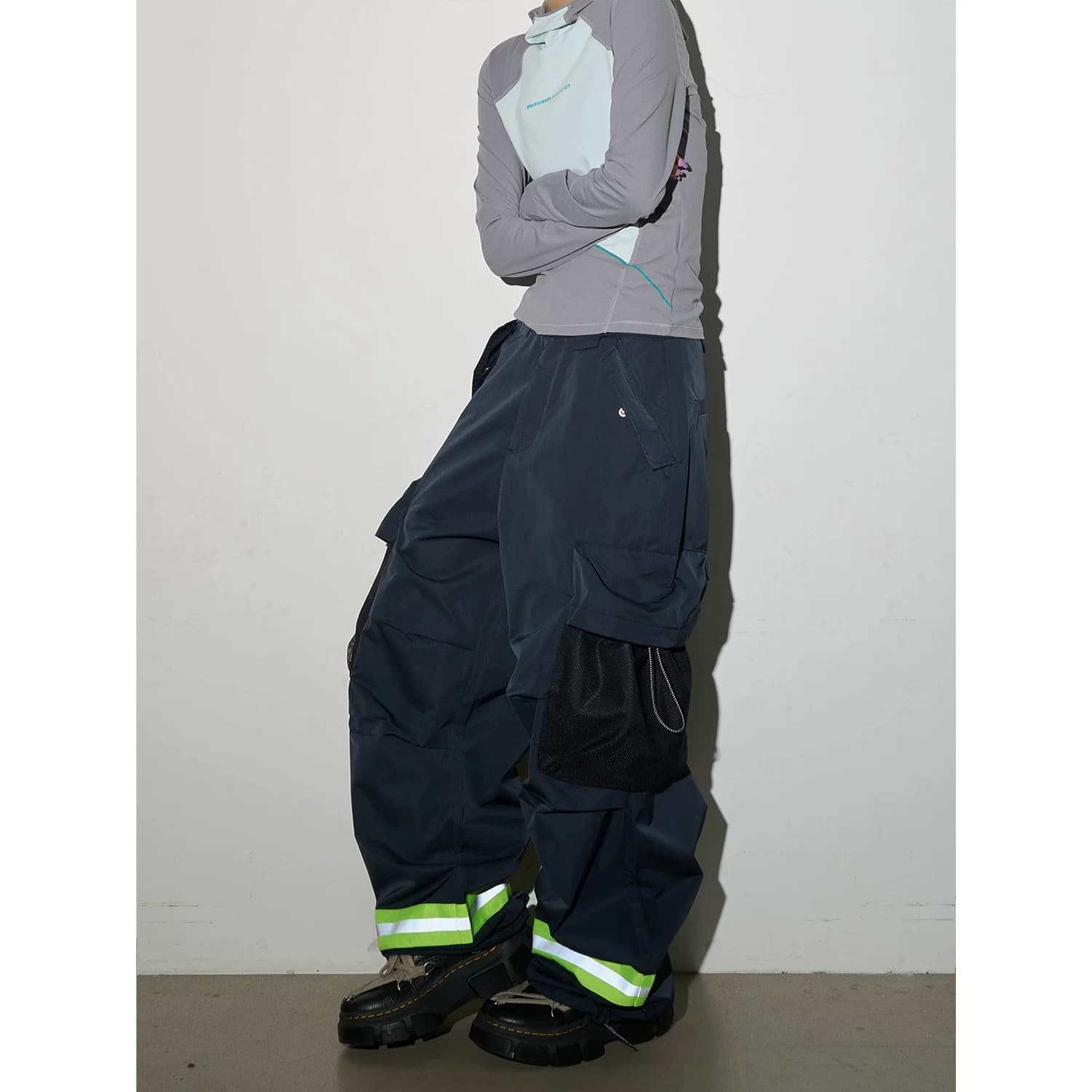 "Three-dimensional pleating" American style fire reflective strip overalls spring and autumn drawstring pockets wide-leg casual pants trendy