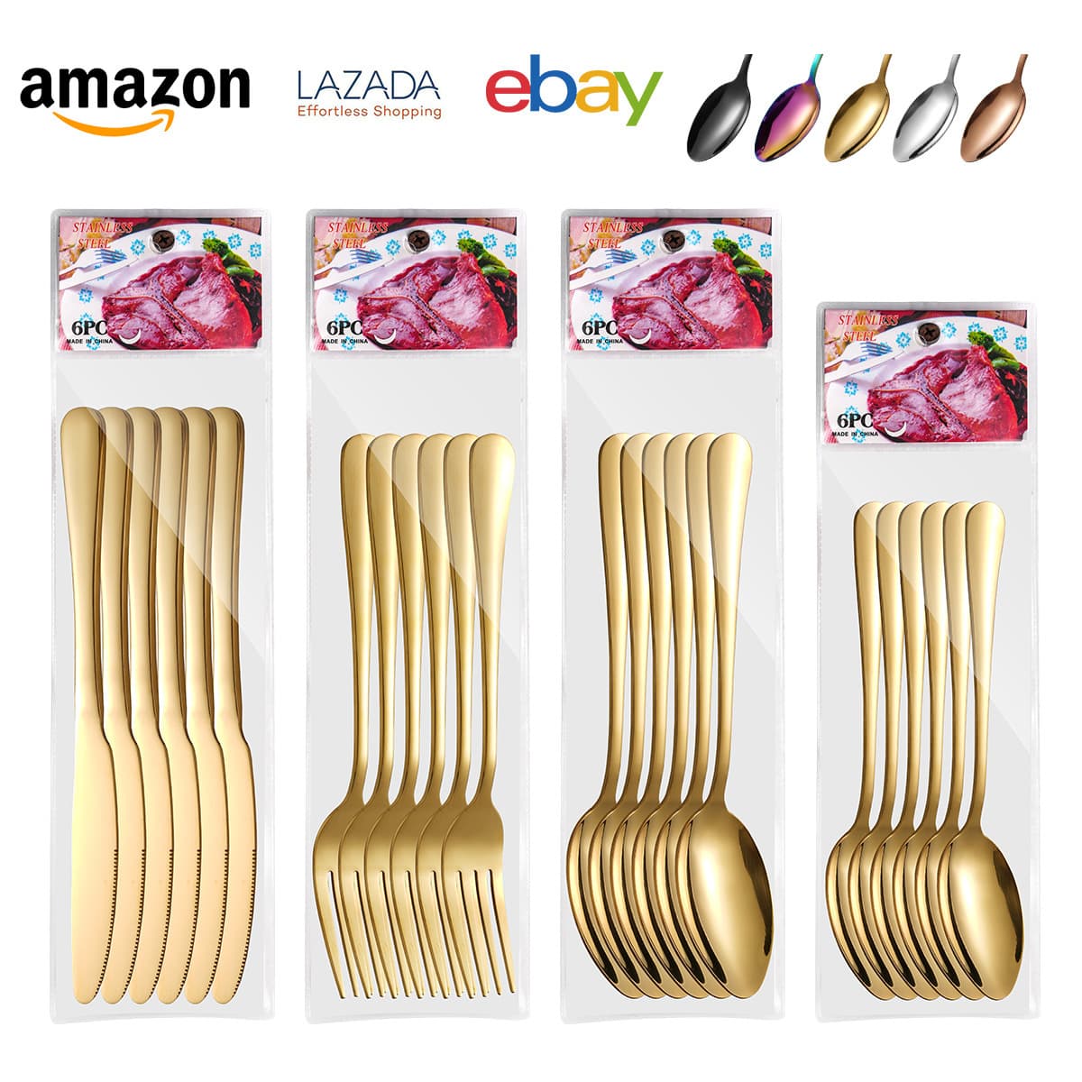 Cross-border stainless steel tableware set supplier super 6PCS card head bagged household steak spoon fork dessert spoon wholesale