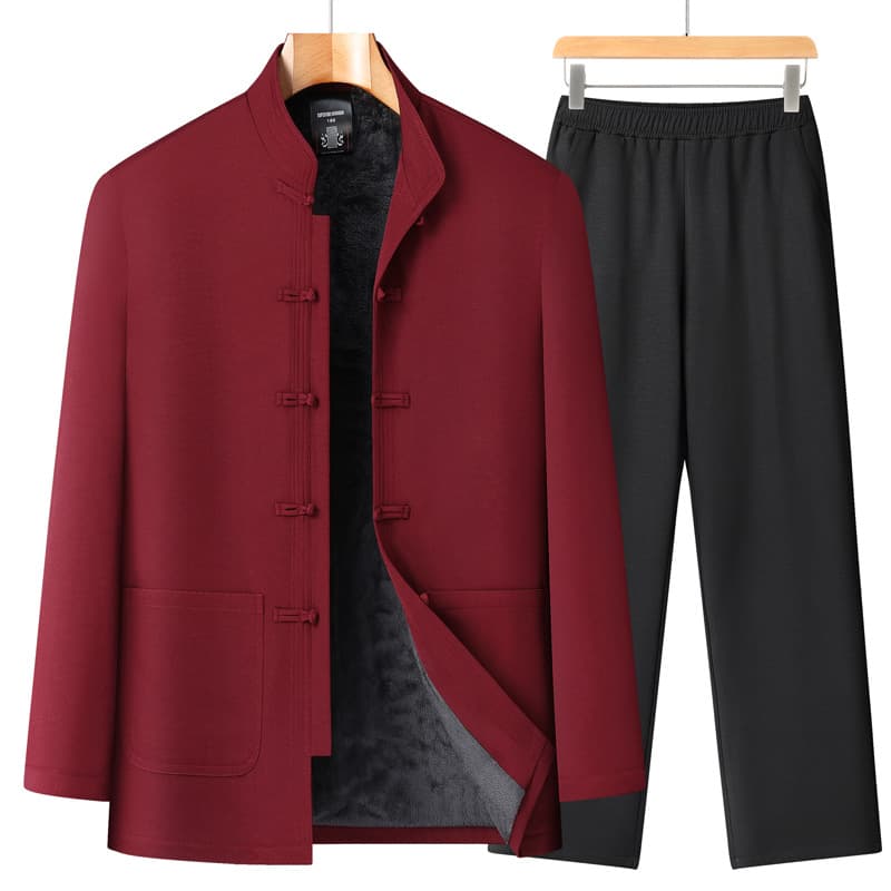 Men's Tang suit jacket, autumn and winter, middle-aged and elderly two-piece set, dad clothing, fleece-lined thick warm jacket.