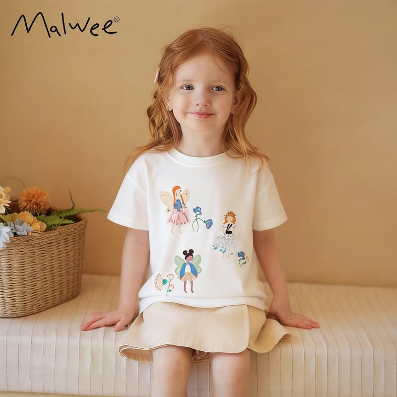 Malwee Girls T-Shirt Summer New Round Neck Short Sleeve European American Kids White Top