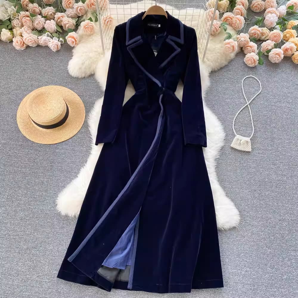 2025 autumn and winter new style lapel long windbreaker women's over-the-knee temperament coat atmospheric velvet loose slim coat trend