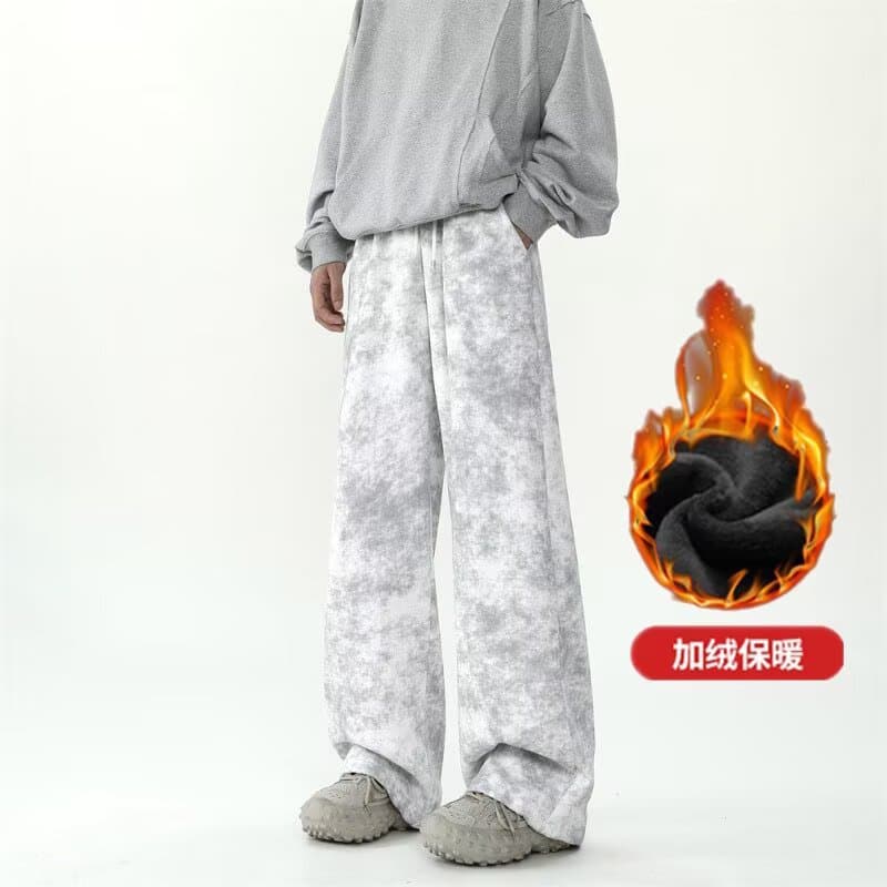 Trendy Autumn/Winter Fleece-Lined Casual Pants for Men, Straight-Leg Long Pants, Loose Tie-Dye American Style Wide-Leg Trousers