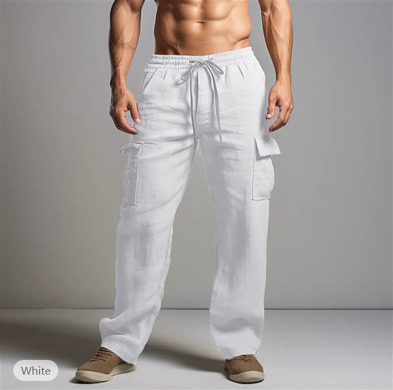 New Spring/Summer Men's Cotton Linen Trousers, Thin, Breathable, Cargo with Multiple Pockets, Casual Loose Fit Long Pants for Men