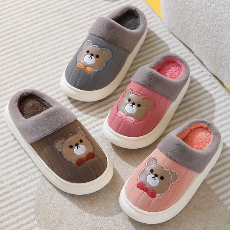 Women's cotton slippers, autumn and winter, PU leather, waterproof, warm, non-slip, thickened, new style for couples, fluffy slippers.