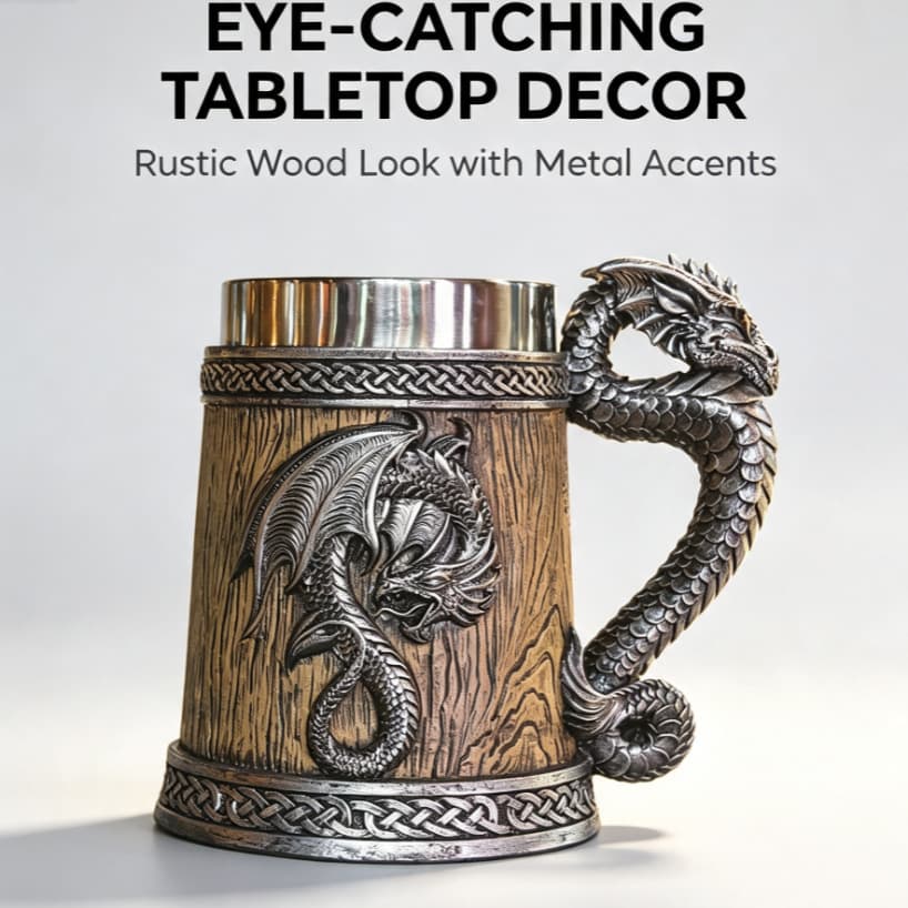 Medieval Nordic Viking Dragon Tankard Beer Mug 3D Relief Dragon Pattern Cup Resin Stainless Steel Liner