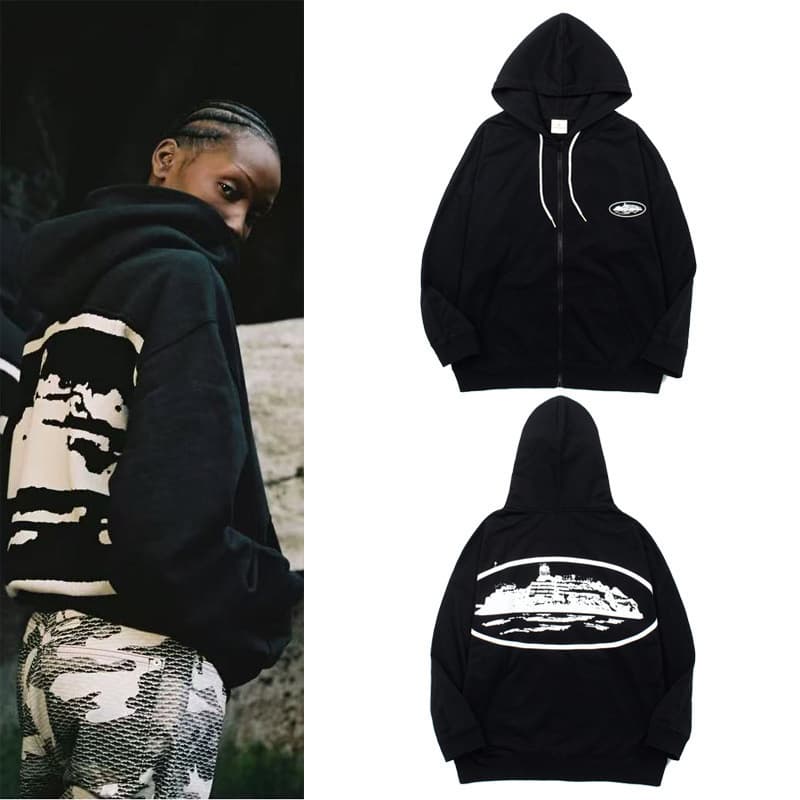 American high street hip-hop plus velvet Alcatraz CRTZ zipper cardigan hooded sweatshirt men's trendy brand sports jacket