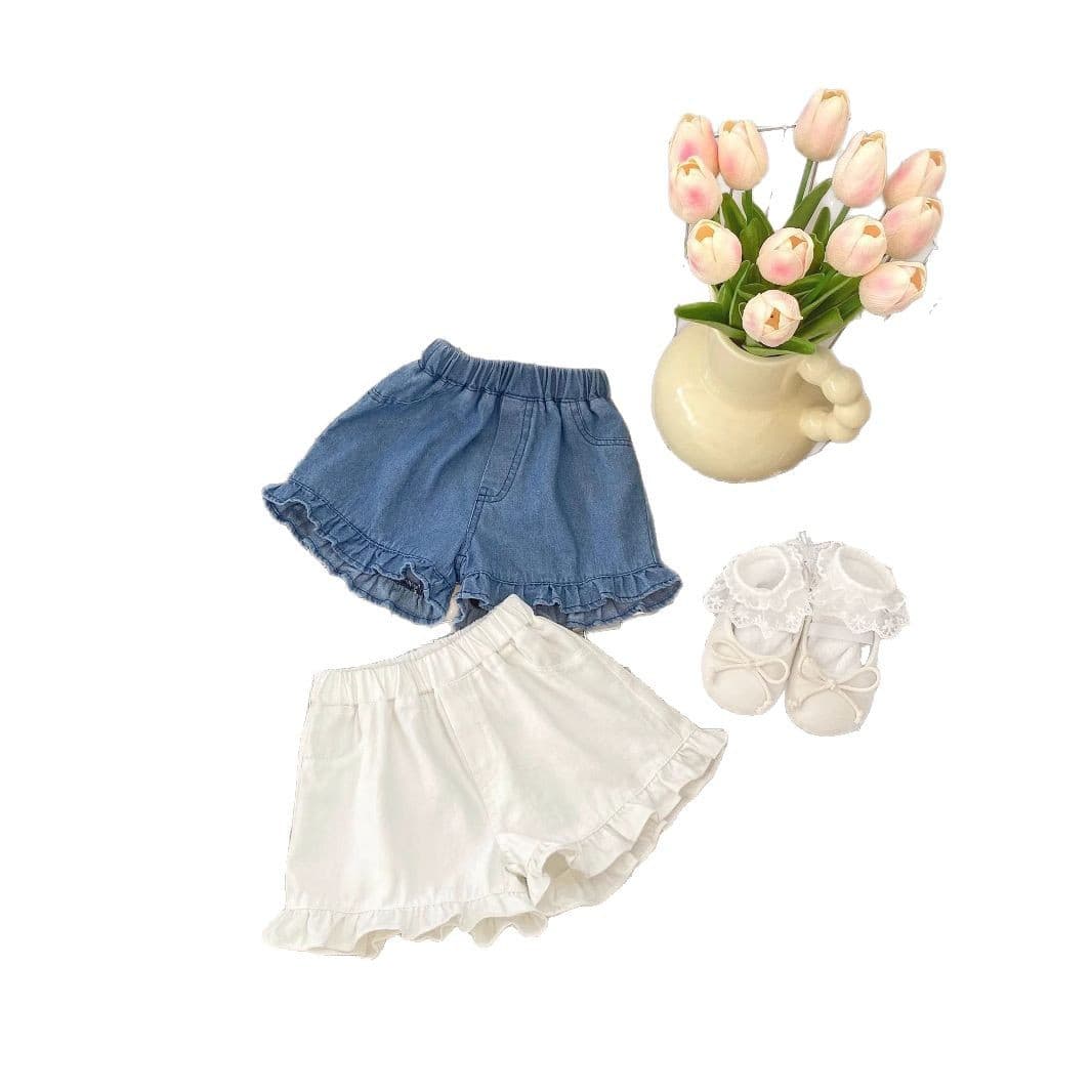 2026 Summer Baby Soft Denim Shorts for Girls, Solid Color Ruffle Denim Pants, Fashionable Outdoor Shorts