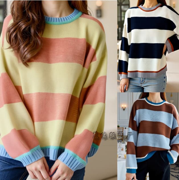 2025 Autumn/Winter Contrast Stripe Knit Sweater for Women, Fashionable Loose Casual Pullover Top