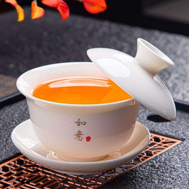 Mutton Fat White Porcelain Hanging Three-Talent Covered Bowl Tea Cup Single Household Gold-Lined Tea Brewing Bowl Kung Fu Tea Set Large Size