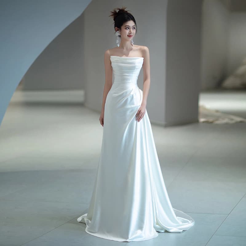 French Style Simple Strapless Light Wedding Dress Bride's Niche Satin Waist Fishtail Long Dress Elegant Welcome Gown