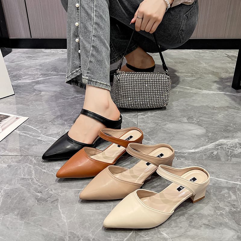 Fashionable Chunky Heel High-Heeled Mules for Women, 2026 Summer Korean Style Pointed Toe Mom Slippers, Solid Color Outdoor High-Heeled Shoes
