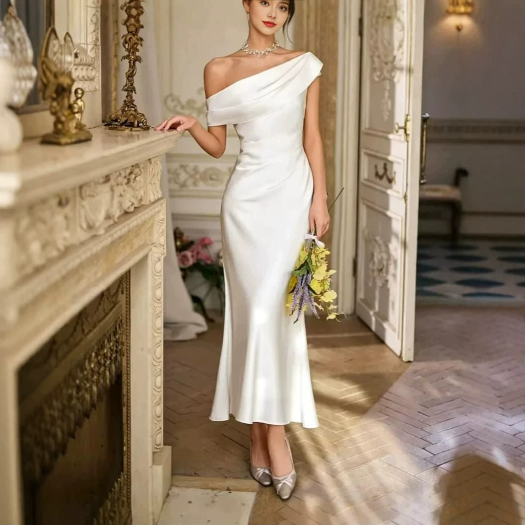 Cross-border French Off-Shoulder Satin Light Wedding Dress Slim Mermaid Train for Bride Simple License Marriage Engagement Banquet Gown
