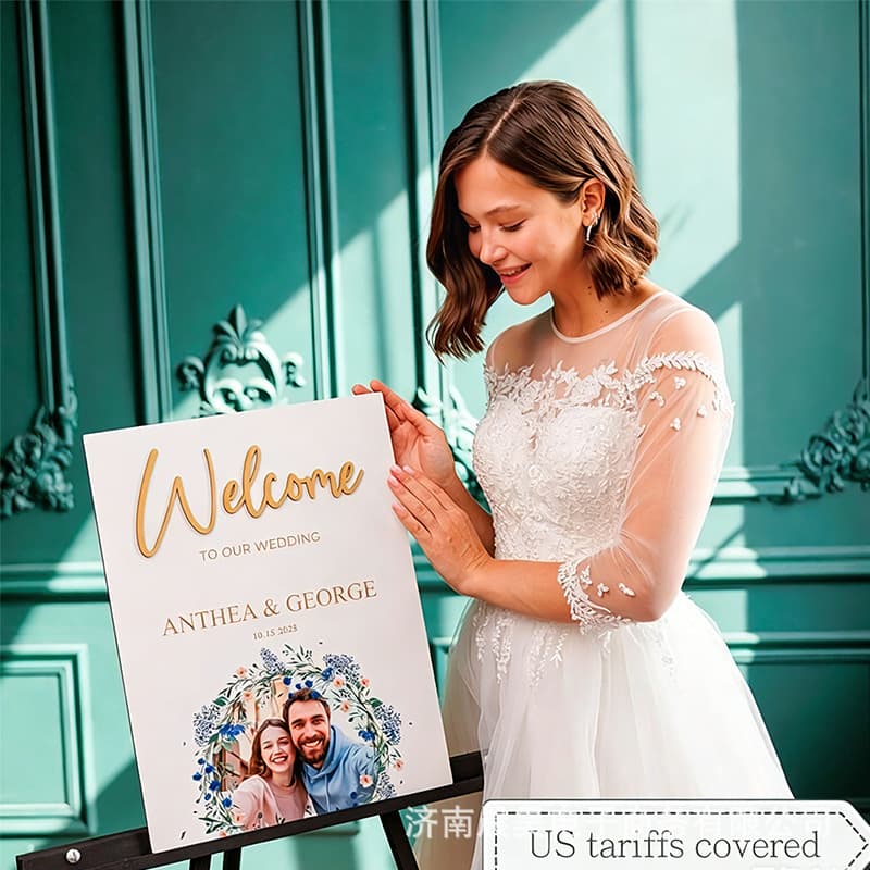 Blue Floral Photo Wedding Welcome Sign, Bohemian Wedding Check-in Area Premium Welcome Decoration Board