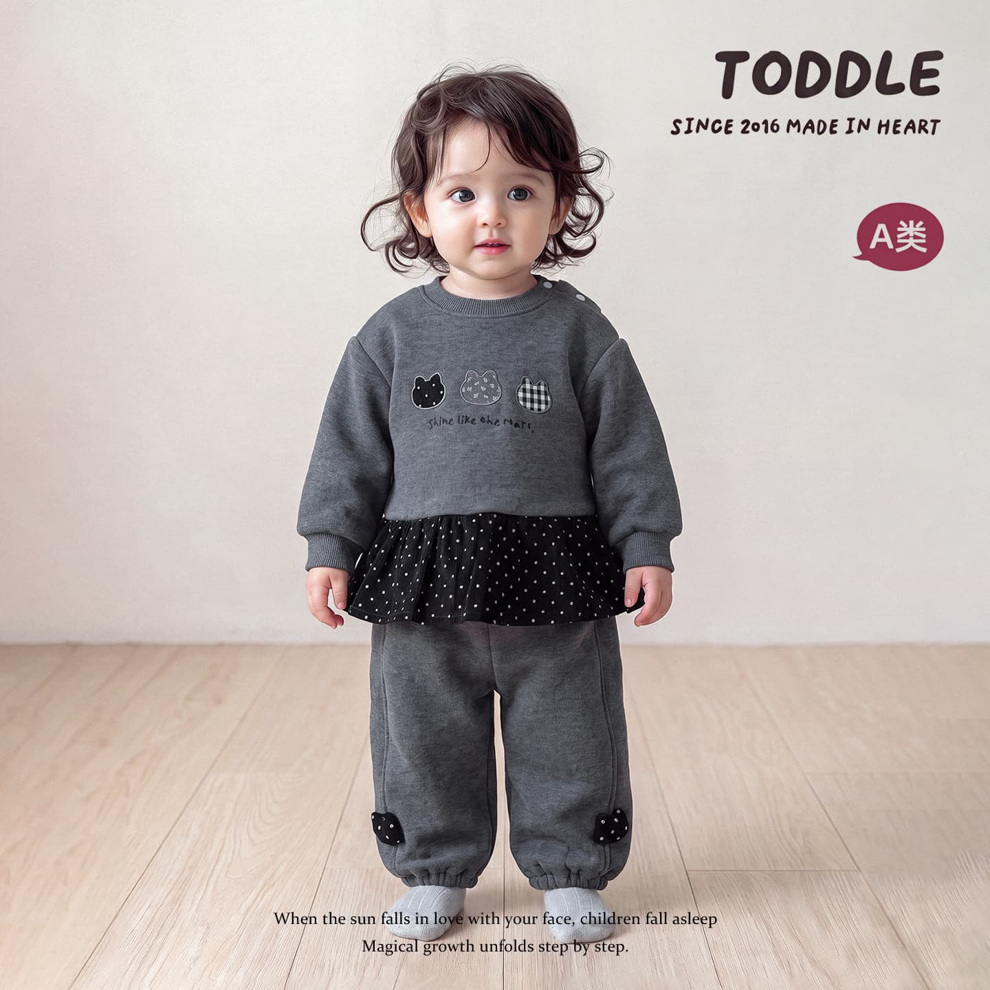 Korean Style Winter Girl Set, Sweet Cool Cat Fleece-Lined Cotton Jacket with Jogger Pants, 2-Piece Trendy Kids Outfit