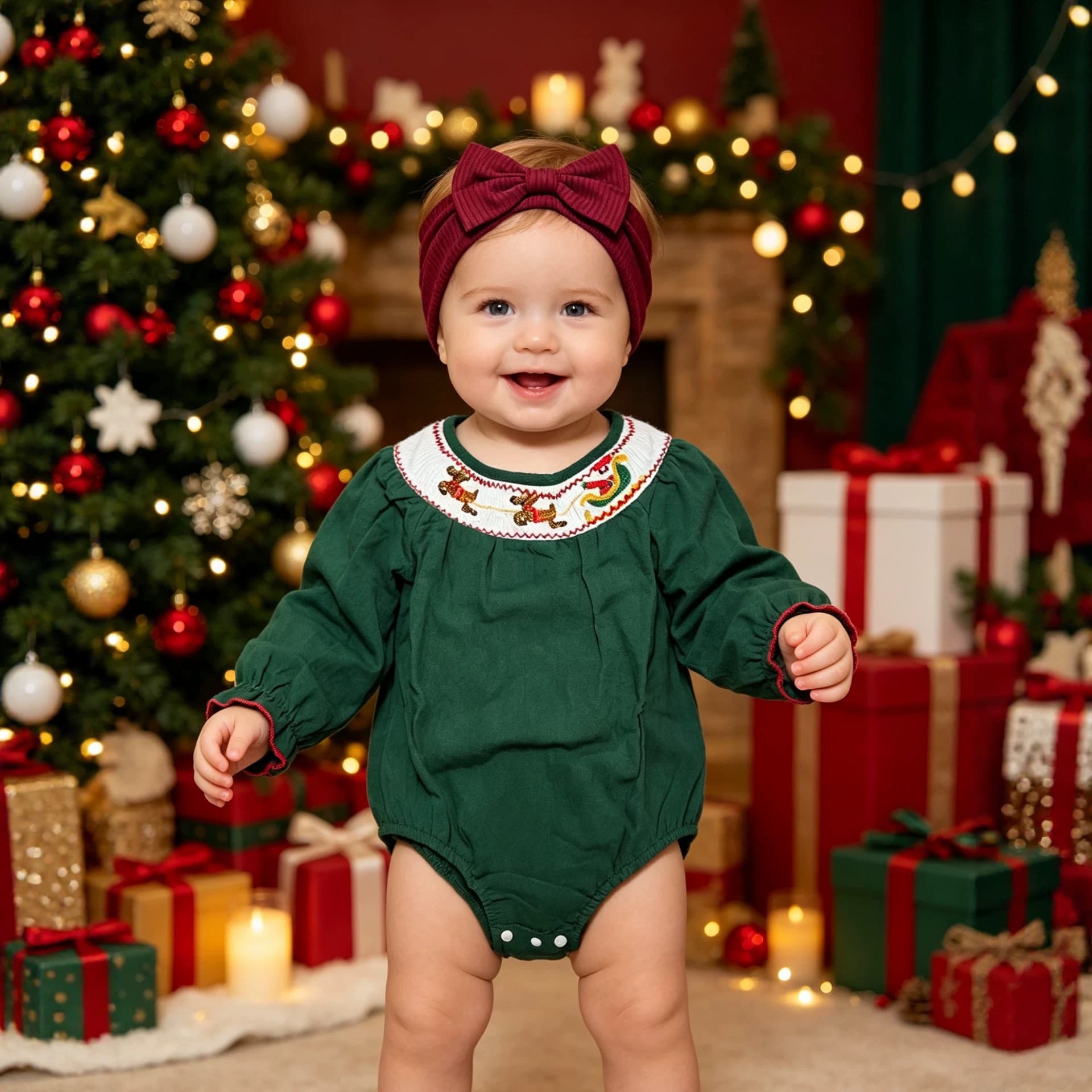 Baby Girl Christmas Outfit Set - Dark Green Long-Sleeve Santa Reindeer Embroidery Bodysuit + Bow Headband